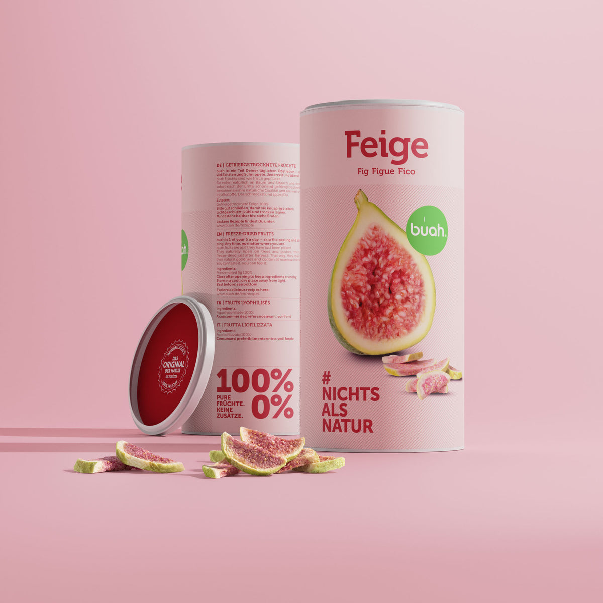 buah Dose Feige mit gefriergetrockneter Feige vor der rosa Dose