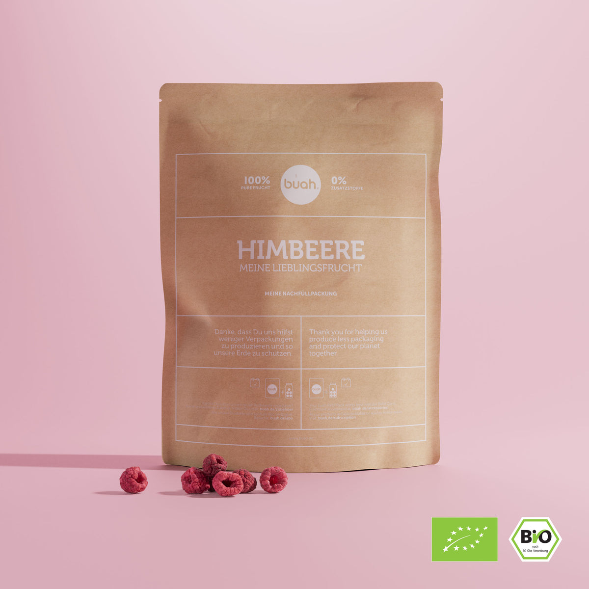 Vorteilspackung der buah Himbeeren als braune wiederverschliessbare Papierpackung