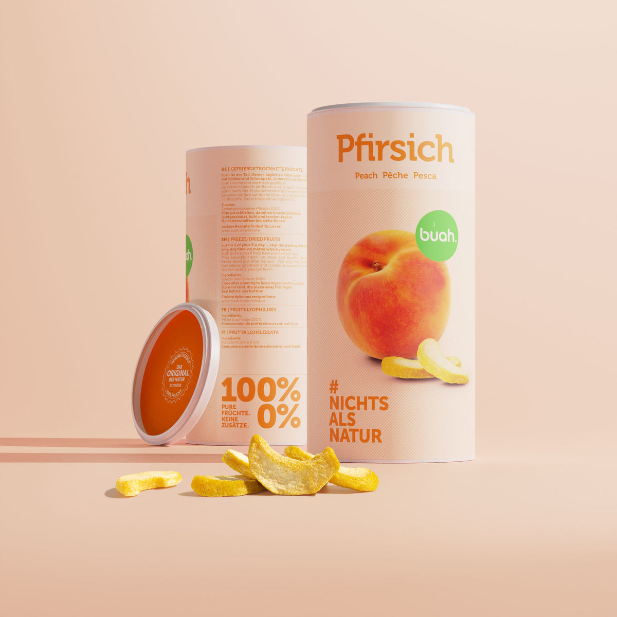 Zylinderfoermige Dose buah Pfirsich mit gefriergetrockneten Pfirsich Schnitzen vor der Dose