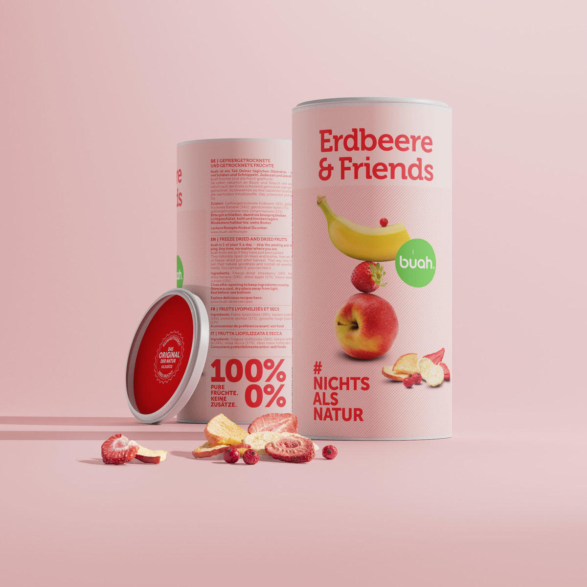 Zwei Dosen Erdbeere & Friends von buah nebeneinander stehend vor rosa Hintergrund