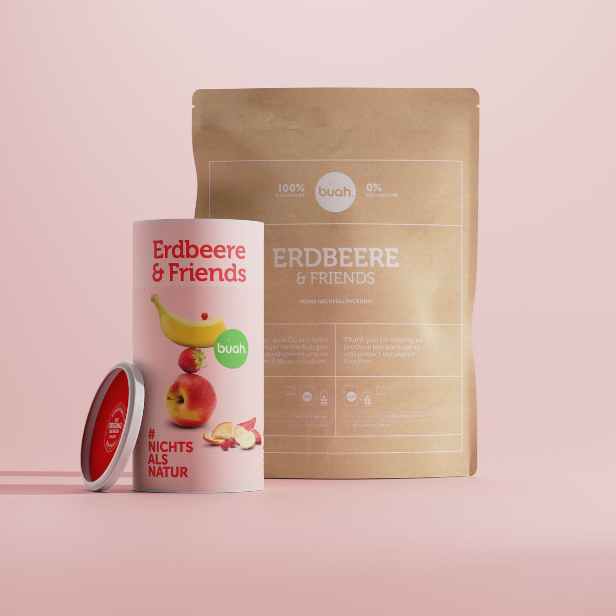 buah Sorte Erdbeere & Friends in den Varianten grosse Dose und Vorteilspackung nebeneinander
