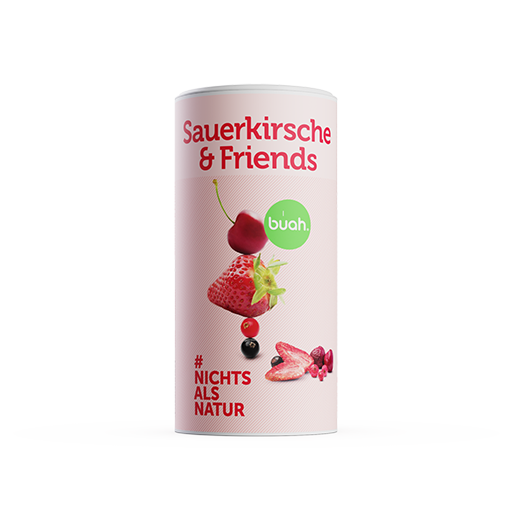 buah grosse Dose Sauerkirsche & Friends, Vorder-, und Rueckansicht vor rosa Hintergrund