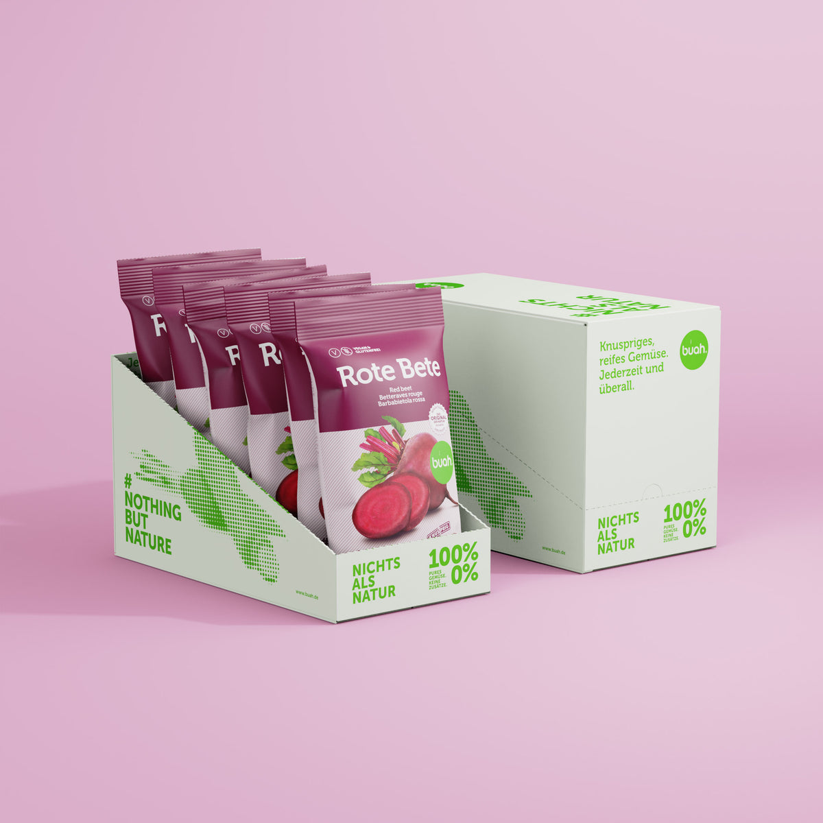 6 Packung Rote Bete Chips von buah hintereinander aufgestellt in einer weißen Papierbox