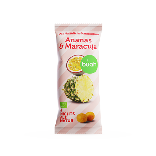 Produktbild Verpackung Ananas-Maracuja Kaubonbons von buah