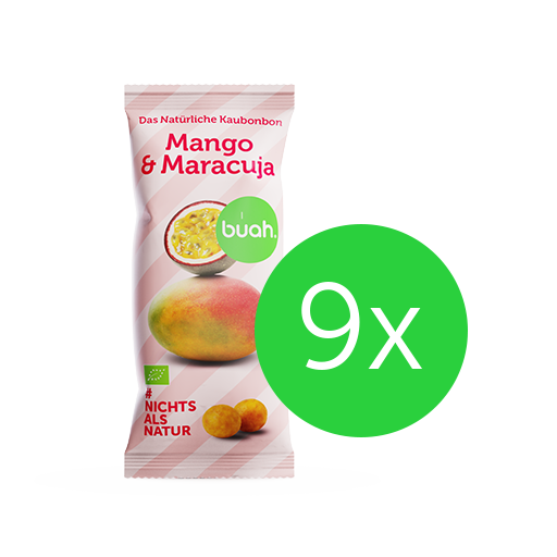 Produktbild der Mango-Maracuja Kaubonbon Verpackung von buah mit Badge 9x