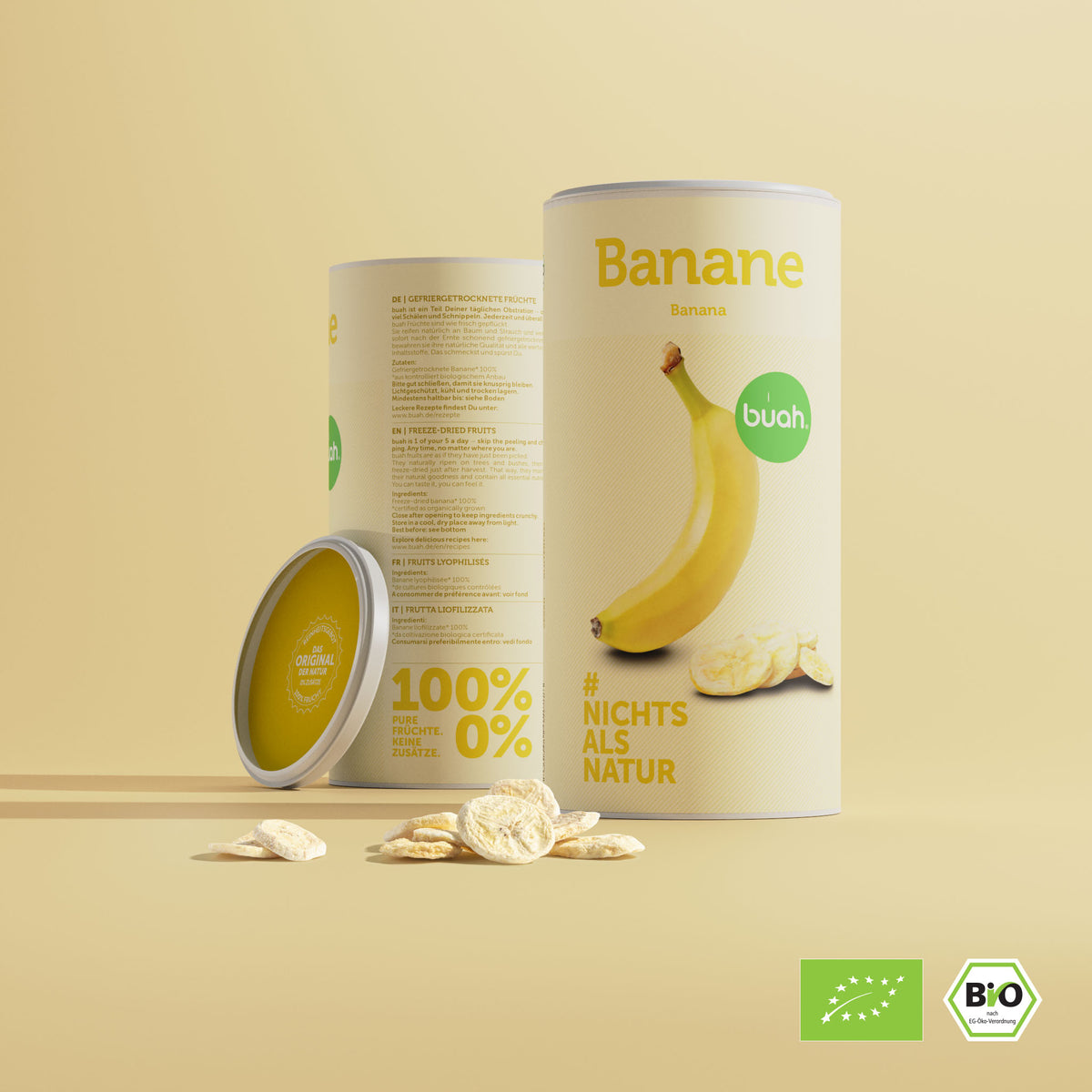 buah Dose Banane von Vorne und Hinten mit Haufen gefriergetrockneter Banane davor