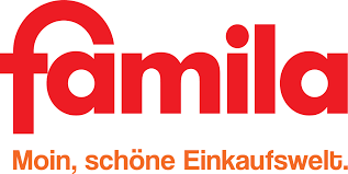 buah im Handel, Logo des Handelspartners Familia in roter Schrift auf weissem Hintergrund mit der Subline Moin, schöne Einkaufswelt. 