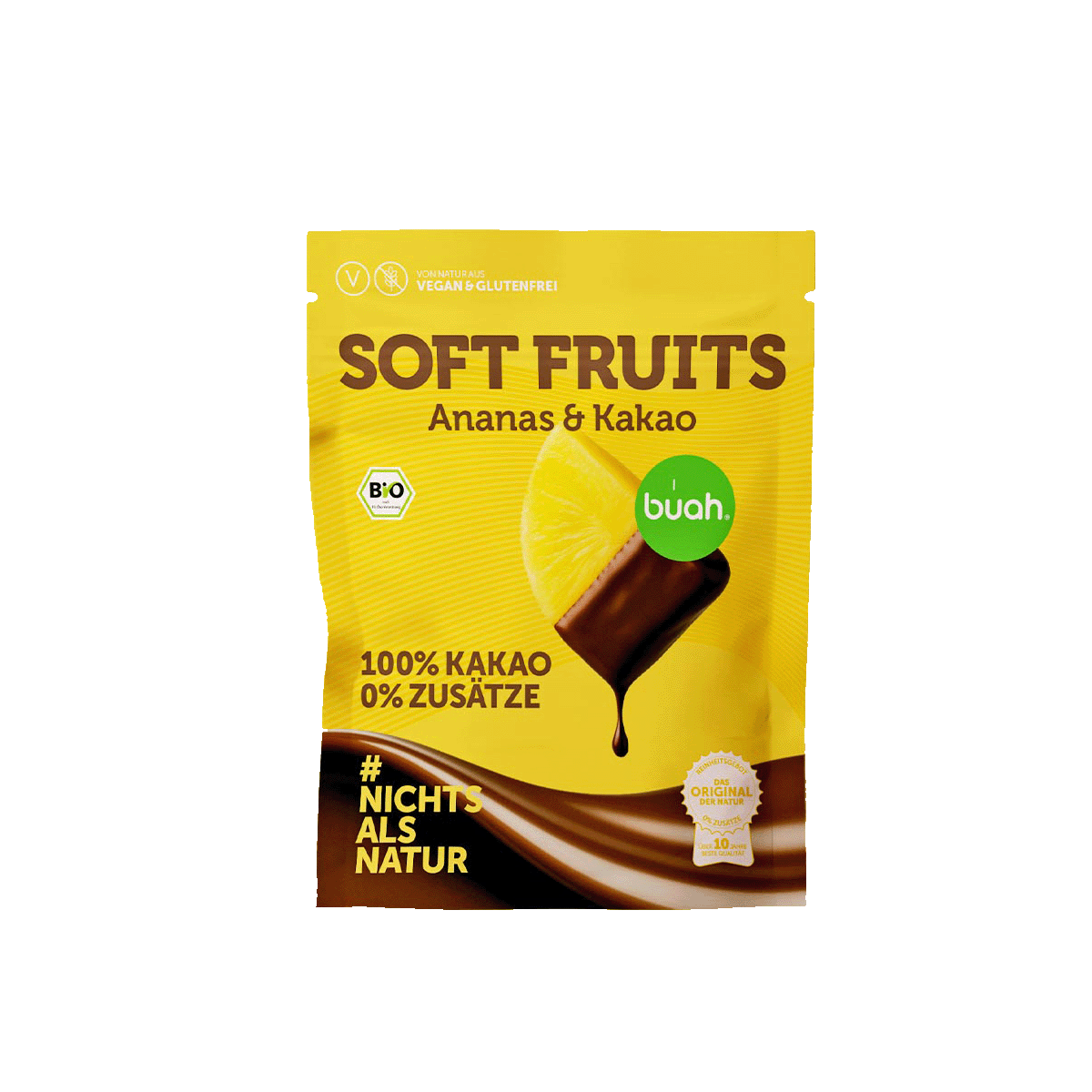 Zwei buah SOFT FRUITS Snackpacks Ananas & Kakao vor gelbem Hintergrund. Davor liegen mehrere Ananasscheiben, teils mit dunkler Schokolade überzogen. Auf der Vorderseite steht „100% KAKAO 0% ZUSÄTZE“ und „#NICHTS ALS NATUR“.