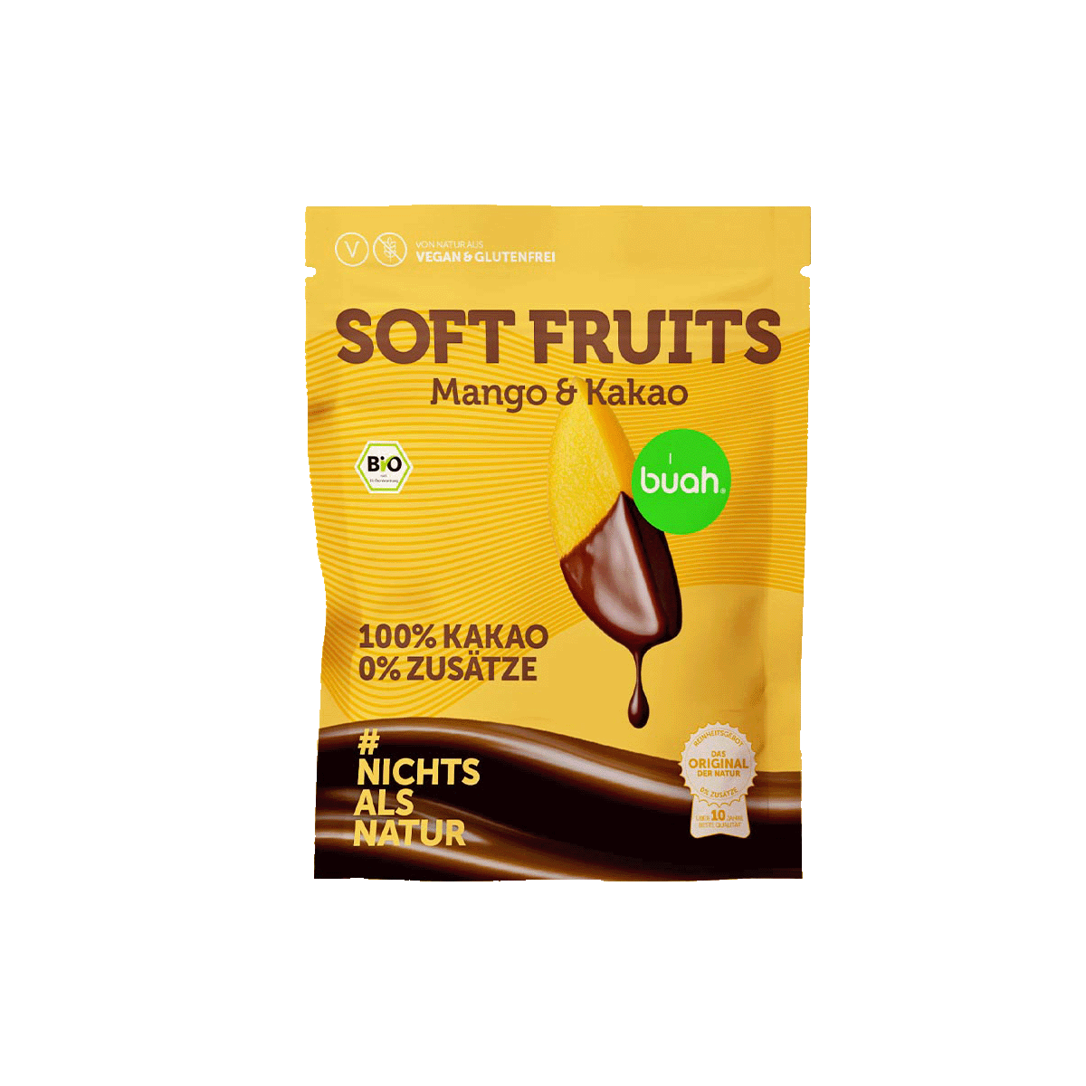 buah Soft Fruits Mango & Kakao, 40 g: Beutel mit dem Hinweis „100% Kakao, 0% Zusätze“, davor getrocknete Mangoscheiben, zur Hälfte mit dunklem Kakaoüberzug. Dahinter ein Beutel mit Rückseite.